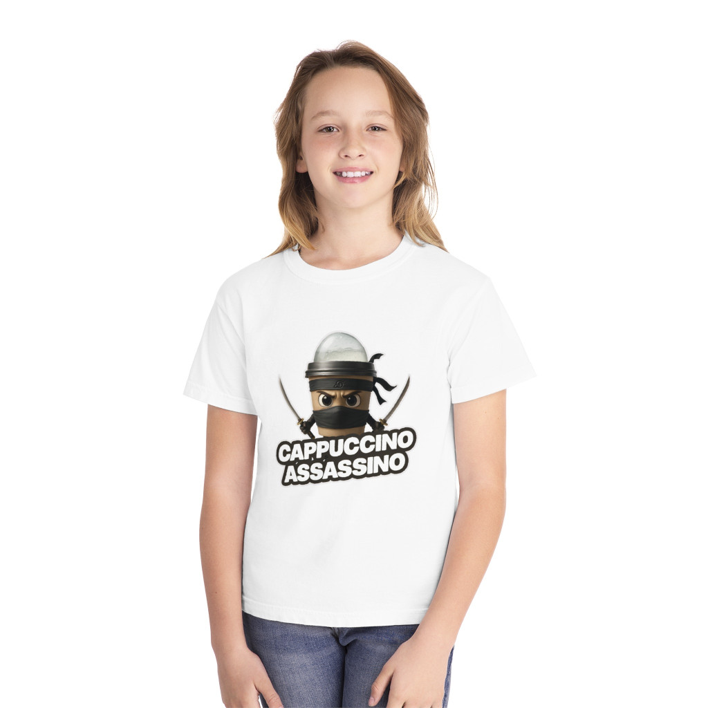 Tricou personalizat alb, copii/adulti, design Cappuccino Assassino 1, modal, diverse marimi — 2