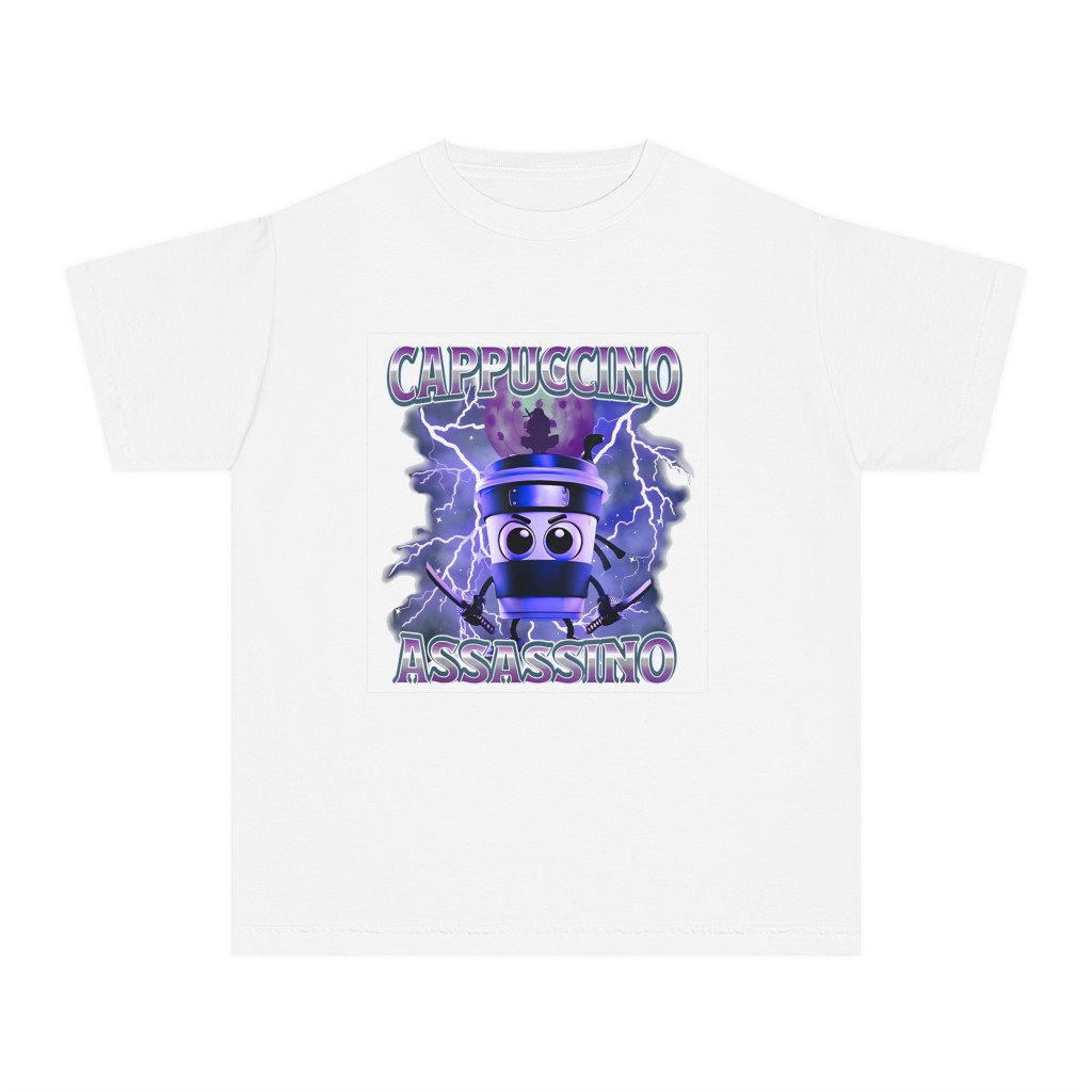Tricou personalizat alb, copii/adulti, design Cappuccino Assassino 2, modal, diverse marimi — varianta 2