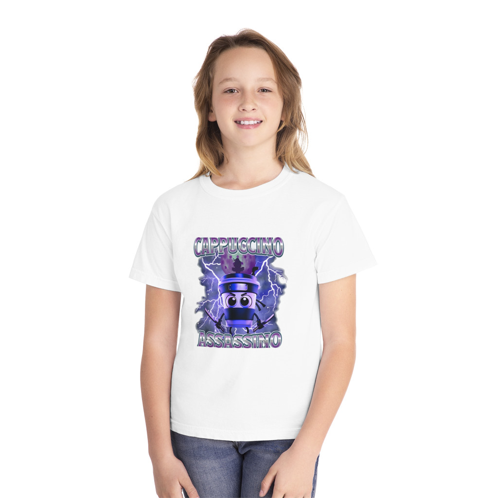 Tricou personalizat alb, copii/adulti, design Cappuccino Assassino 2, modal, diverse marimi — varianta 3