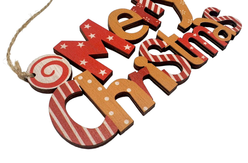 Decoratiune Craciun din lemn, Merry Christmas, rosu/portocaliu — varianta 2