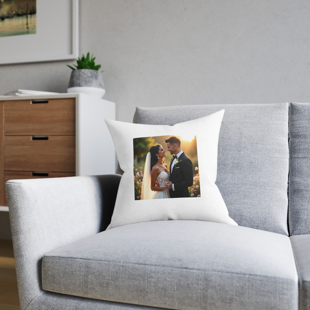 Perna decorativa personalizata, cu poza ta 40 x 40 cm, alba, mata, husa detasabila — varianta 2