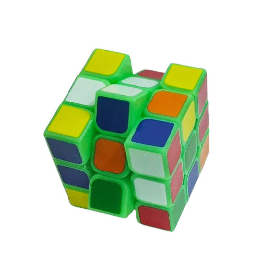 Jucarie cub tip Rubik, 3 x 3 randuri, 5.5 cm, 6 fete colorate, cadru verde fluorescent — varianta 2