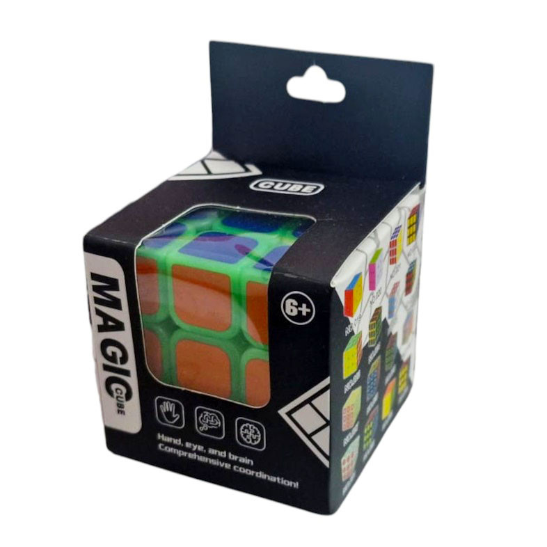 Jucarie cub tip Rubik, 3 x 3 randuri, 5.5 cm, 6 fete colorate, cadru verde fluorescent — varianta 3