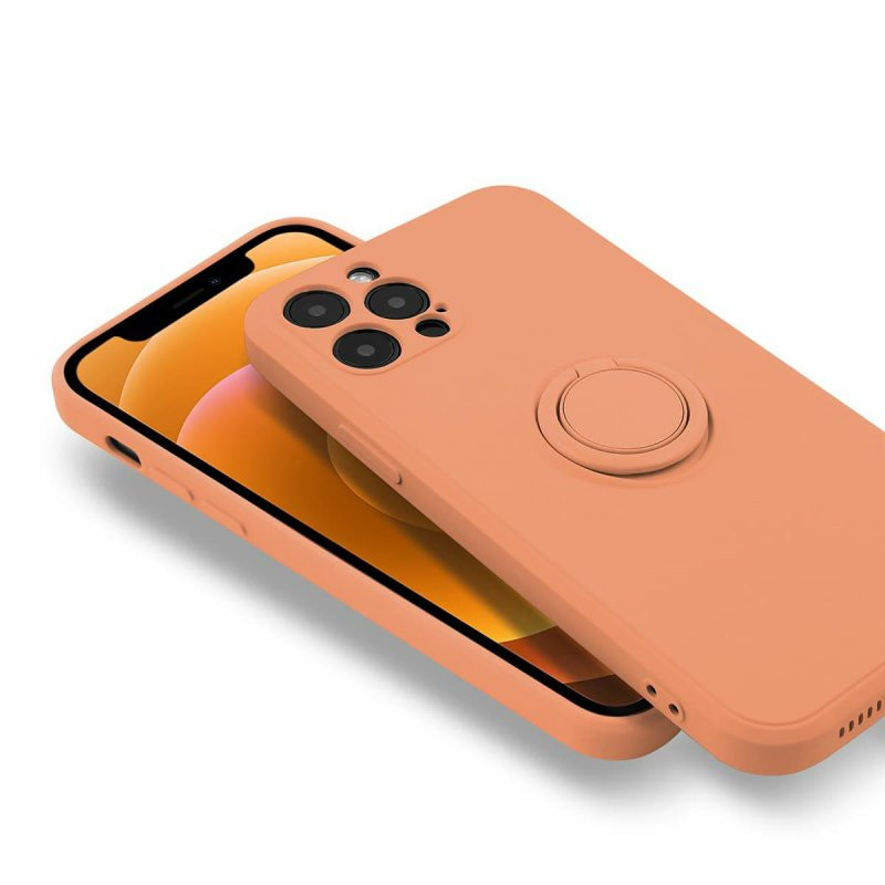 Husa Apple iPhone 12, Ring Silicone, suport sustinere rotativ, catifea in interior, portocalie — varianta 2