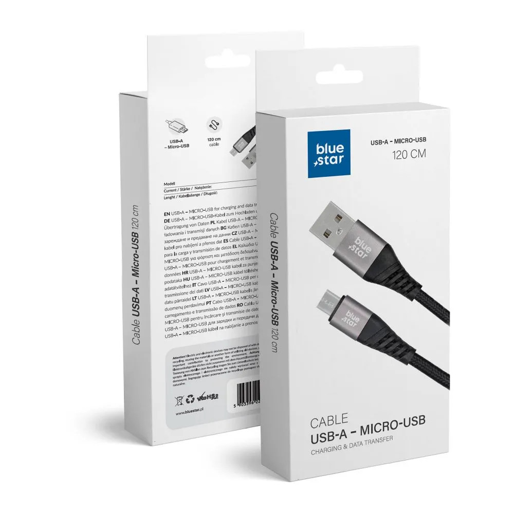 Cablu de date si incarcare MicroUSB Bluestar, 1.2 metri, 2A, negru — varianta 3
