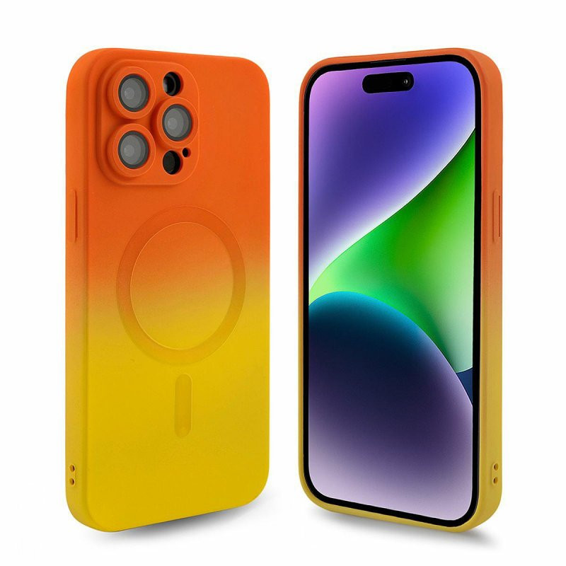 Husa Apple iPhone 15, Magsafe Ombre Silicone, geam protectie camere, portocaliu/galben — varianta 3