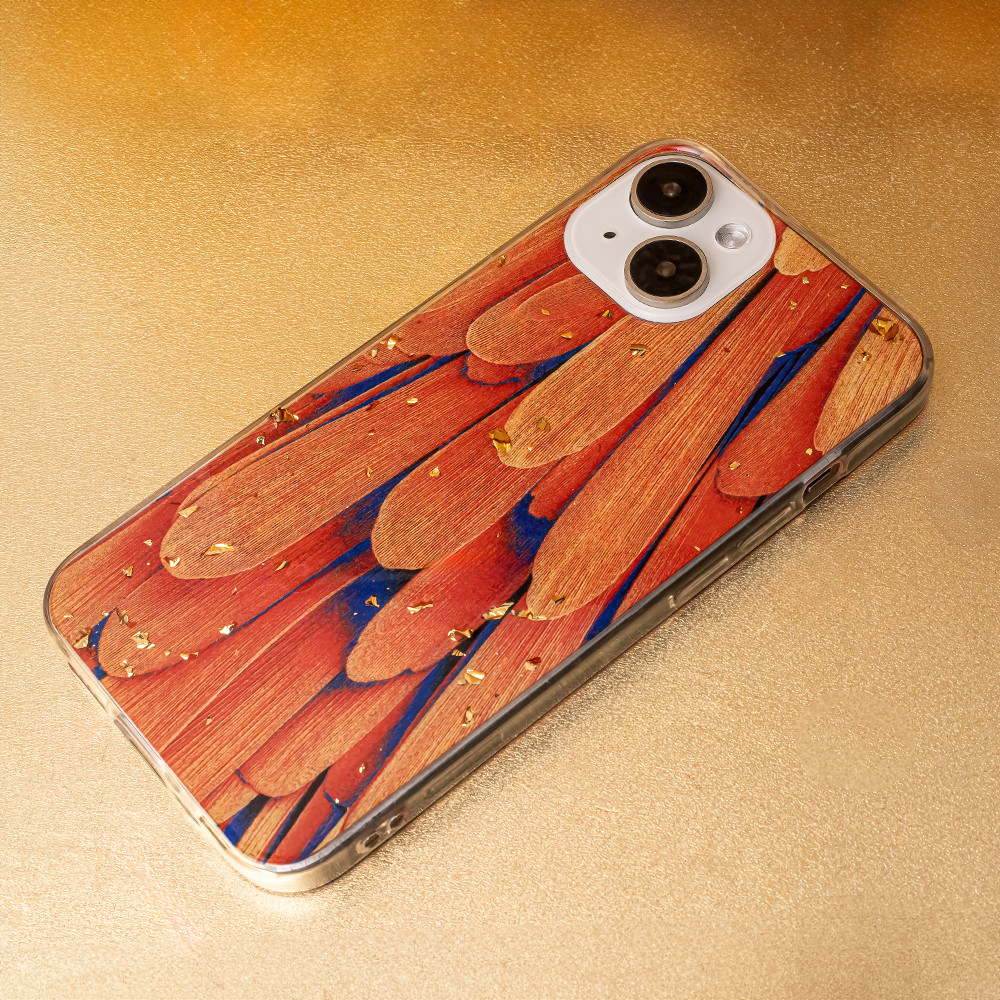 Husa Apple iPhone 15 Pro, Gold Glam, Orange Feathers — varianta 2