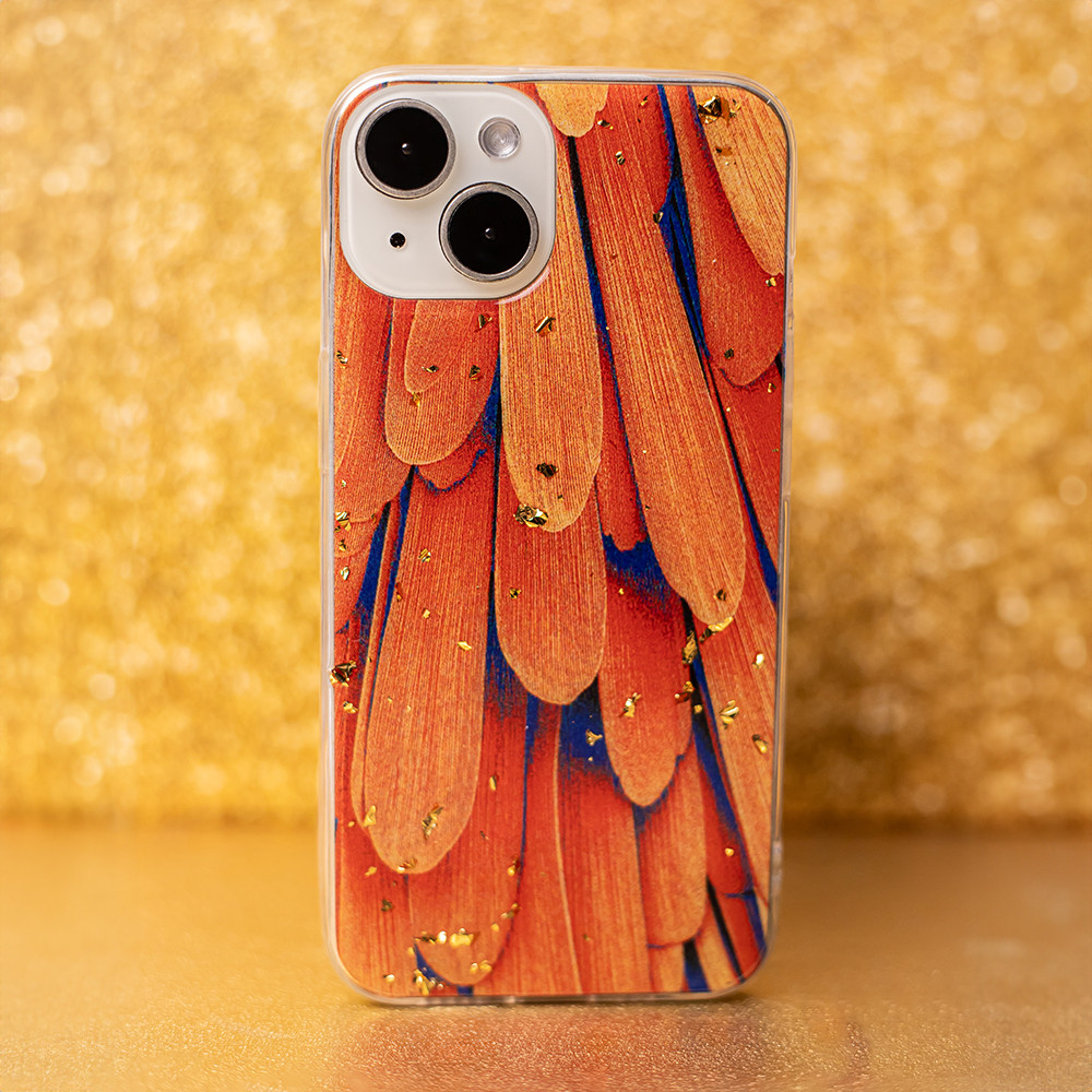 Husa Apple iPhone 15 Pro, Gold Glam, Orange Feathers — varianta 3