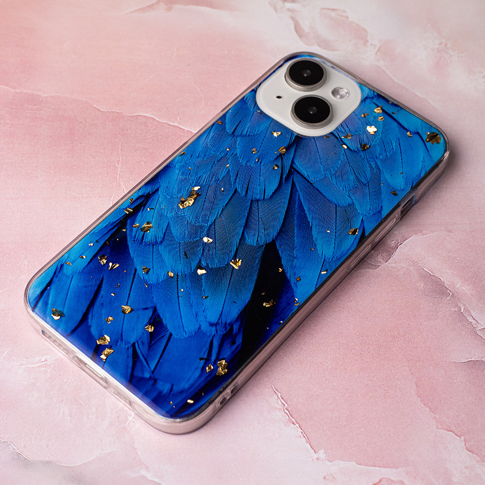 Husa Apple iPhone 15, Gold Glam Blue Feathers — varianta 5