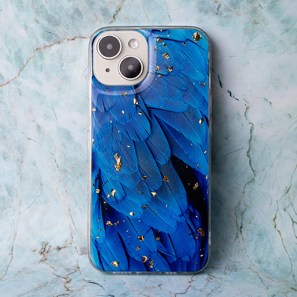 Husa Apple iPhone 15 Pro, Gold Glam Blue Feathers — varianta 4