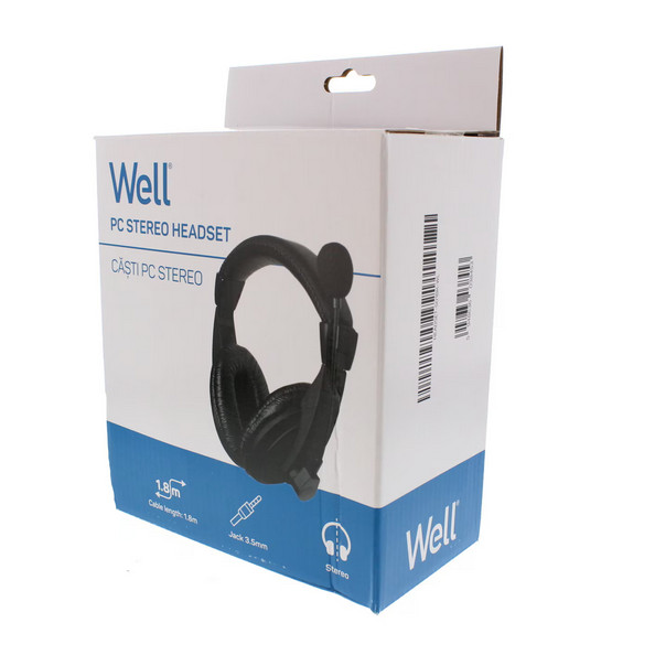 Casti stereo cu microfon Well, lungime cablu 1.8 metri, conexiune jack 3.5 mm, diametru difuzor 40 mm, impedanta 32 Ohm, negre — varianta 3