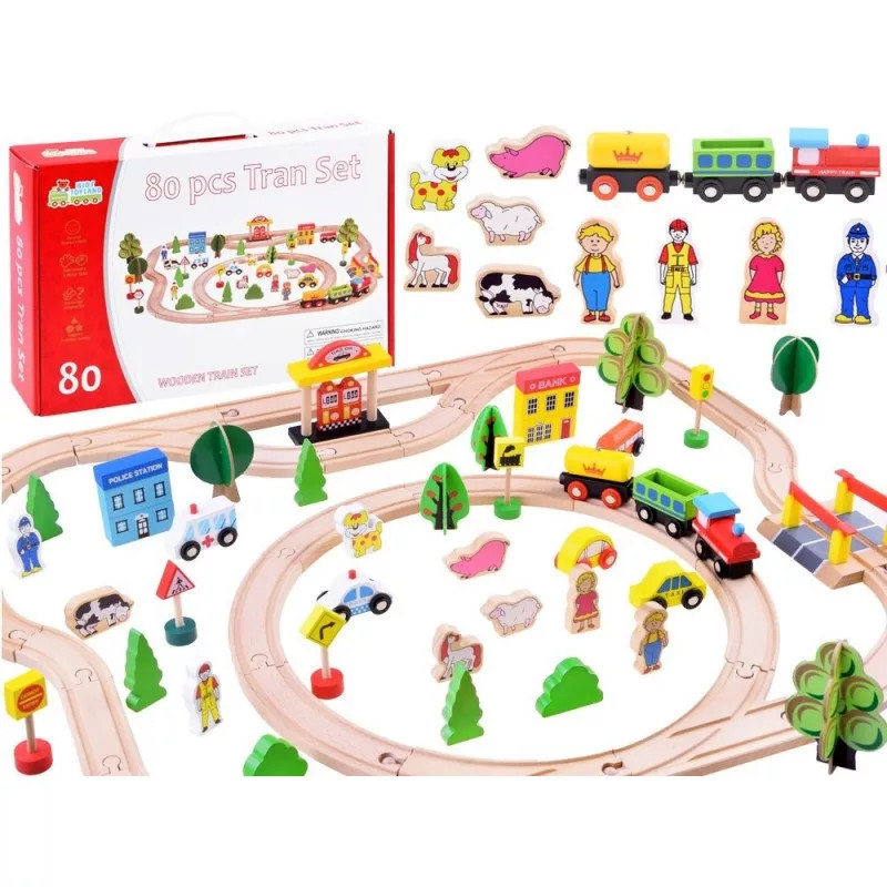 Traseu din lemn Kids Toyland, cu masinute si accesorii, 80 piese — 2