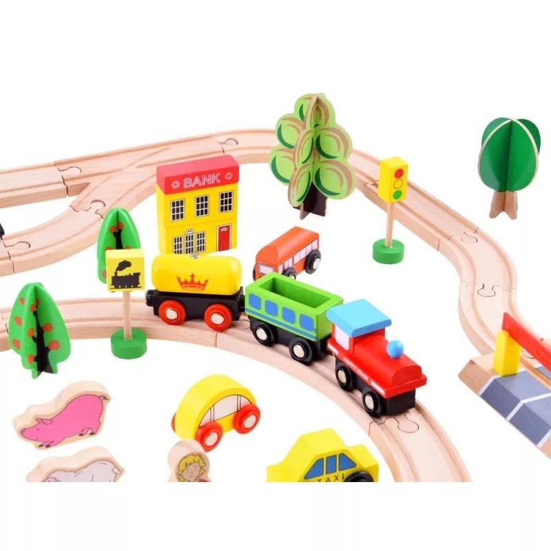 Traseu din lemn Kids Toyland, cu masinute si accesorii, 80 piese — 5