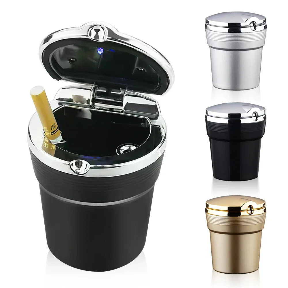 Scrumiera auto cu aspect metalic, tip pahar, lumina LED, neagra — varianta 2