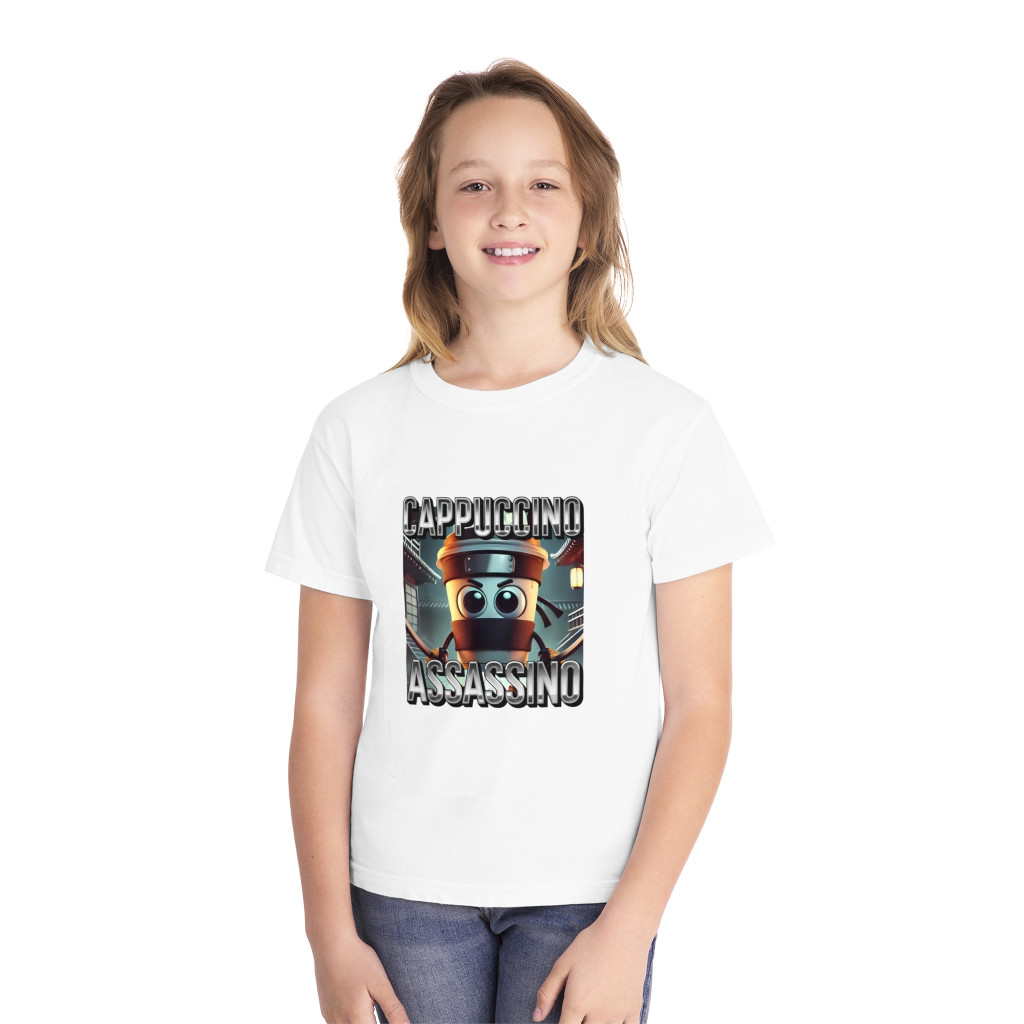 Tricou personalizat alb, copii/adulti, design Cappuccino Assassino 3, modal, diverse marimi — varianta 3