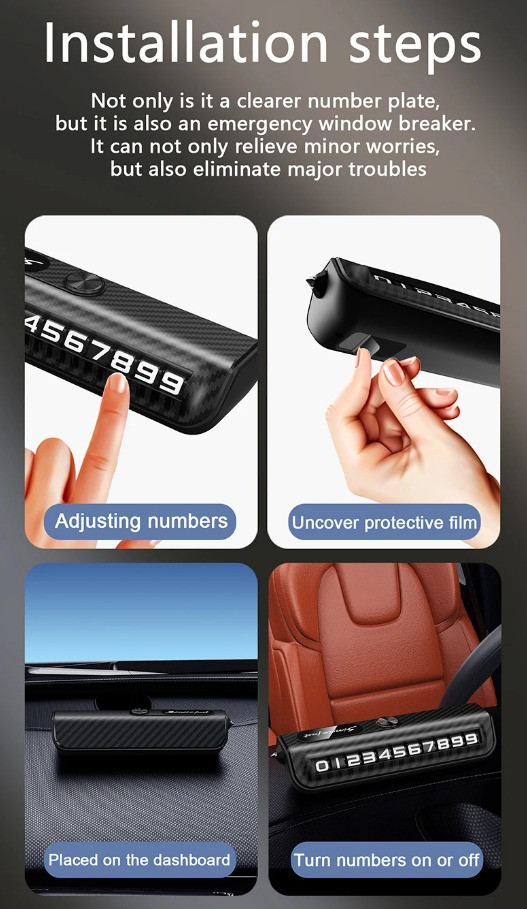 Afișaj număr telefon auto, functie ciocan de urgenta, imitatie carbon, negru — varianta 4