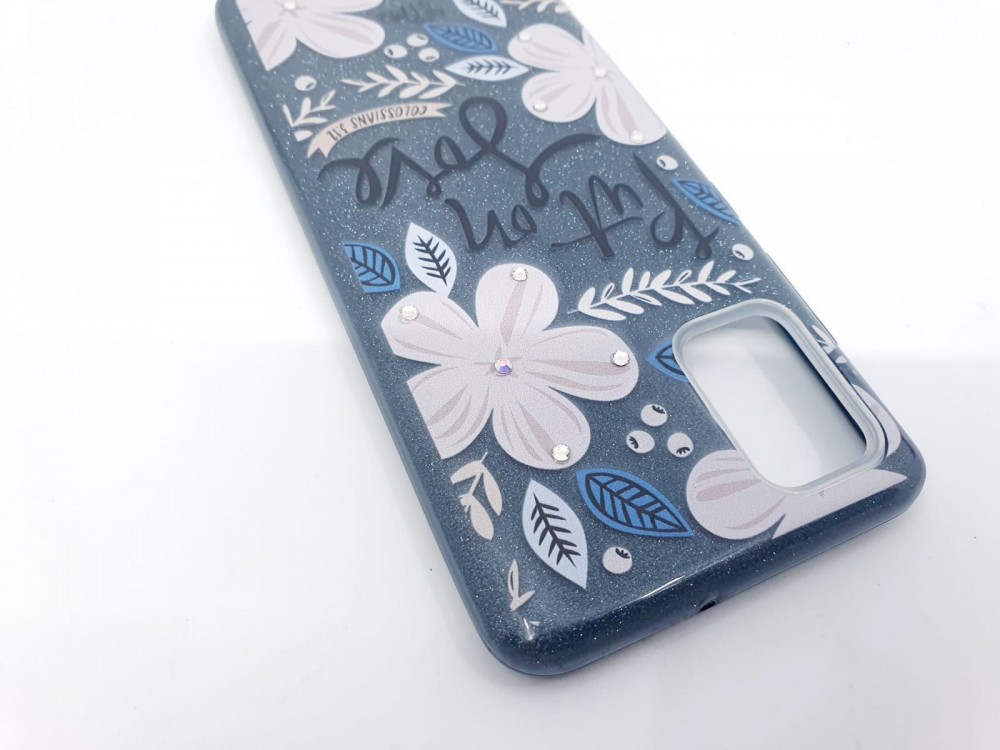 Husa Flowers Glitter pentru Samsung Galaxy S20 Ultra, cu mesaj, gri — 3