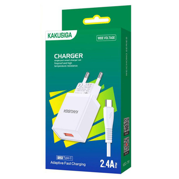 Incarcator casa Kakusiga KSC-781, cablu USB-C inclus, 18W, 2.4A, 1xUSB-A, QC 3.0, albe — 2