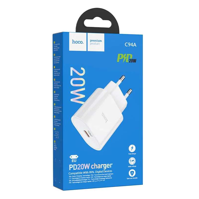 Incarcator casa Hoco C94A, 1 x USB-C PD 20W/3A, incarcare rapida, alb — 6