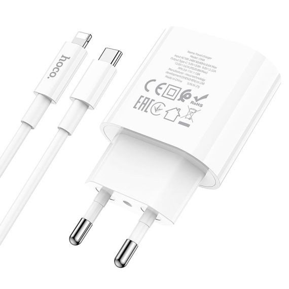 Incarcator casa Hoco C94A, 1 x USB-C PD 20W/3A, cablu Lightning inclus, incarcare rapida, albe — varianta 3