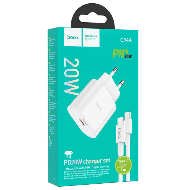 Incarcator casa Hoco C94A, 1 x USB-C PD 20W/3A, cablu Lightning inclus, incarcare rapida, albe — varianta 5
