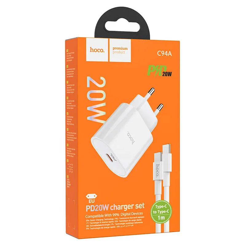 Incarcator casa Hoco C94A, 1 x USB-C PD 20W/3A, cablu Type-C inclus, incarcare rapida, albe — varianta 5