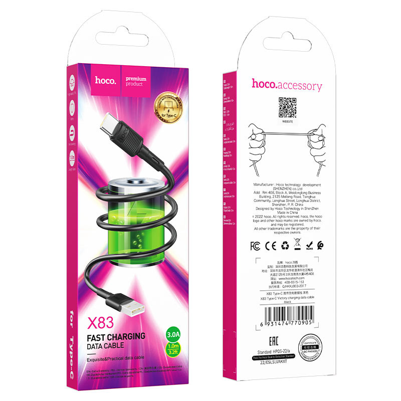 Cablu date si Incarcare Hoco X83, USB to Type-C (USB-C), 1 metru, 60W/3A, negru — varianta 3