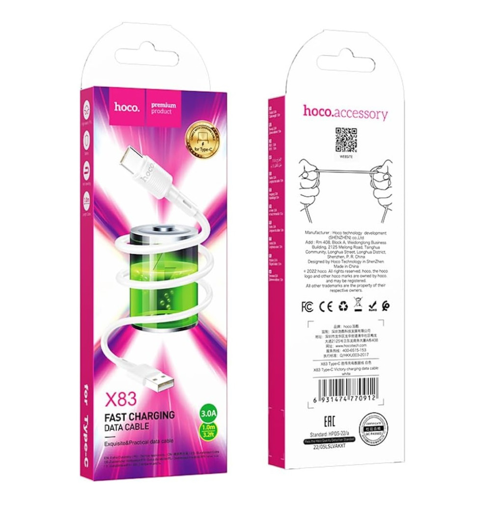 Cablu date si Incarcare Hoco X83, USB to Type-C (USB-C), 1 metru, 60W/3A, alb — varianta 5
