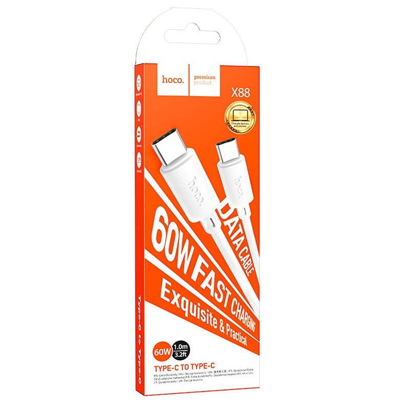 Cablu de date si incarcare Hoco X88, Type-C to Type-C, PD 60W, 3A, 1 metru, incarcare rapida, alb — varianta 2