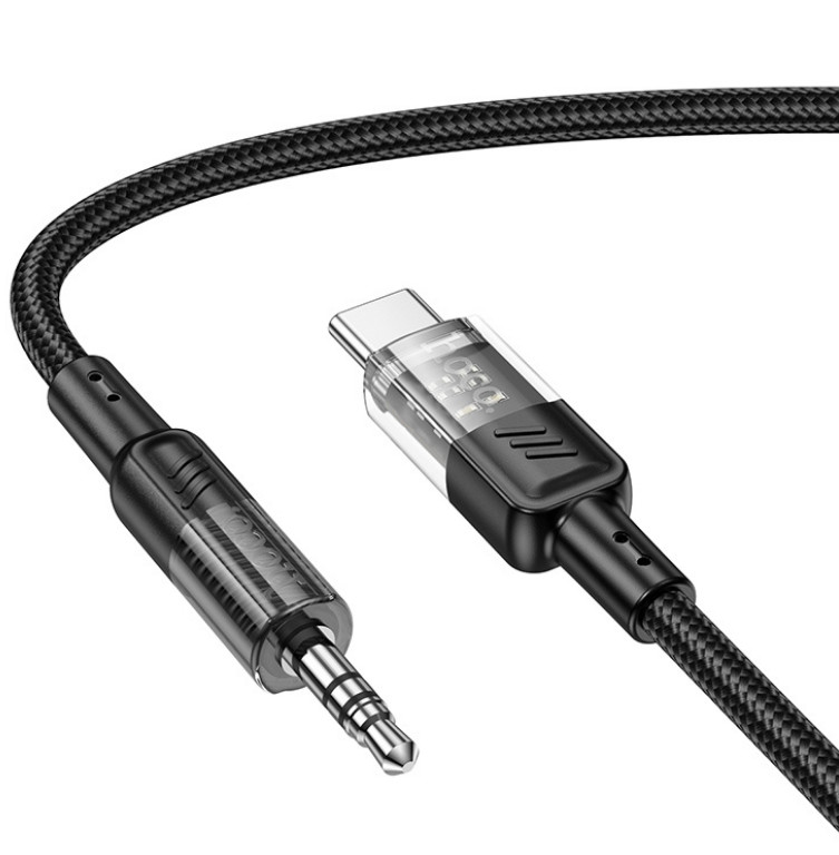 Cablu adaptor Hoco UPA27 Crystal Clear, AUX USB-C / 3,5 mm jack, protectie textila, negru — 2