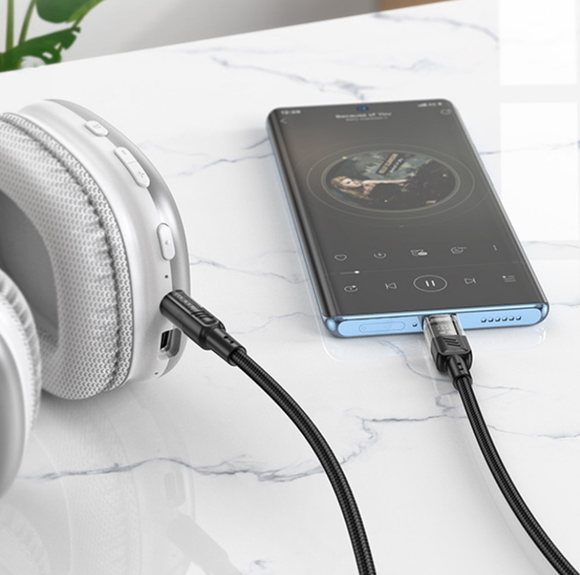 Cablu adaptor Hoco UPA27 Crystal Clear, AUX USB-C / 3,5 mm jack, protectie textila, negru — 3