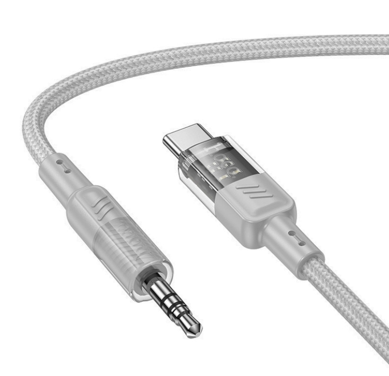 Cablu adaptor Hoco UPA27 Crystal Clear, AUX USB-C / 3,5 mm jack, protectie textila, gri — varianta 2