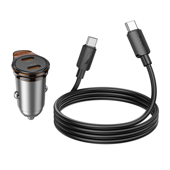 Set incarcator auto + cablu USB-C Hoco NZ16B, PD 45W, 2 x USB-C/PD, gri — 3