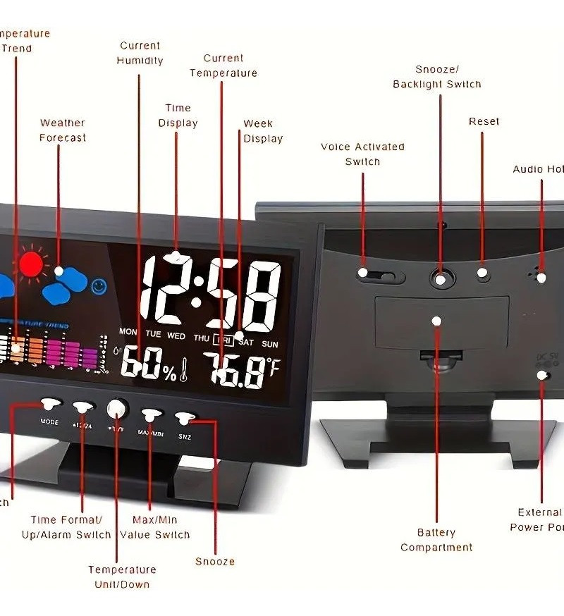Statie meteo de interior IDK 8082T, ceas, alarma, umiditate, temperatura, afisare ora, data, LCD color, negru — 3