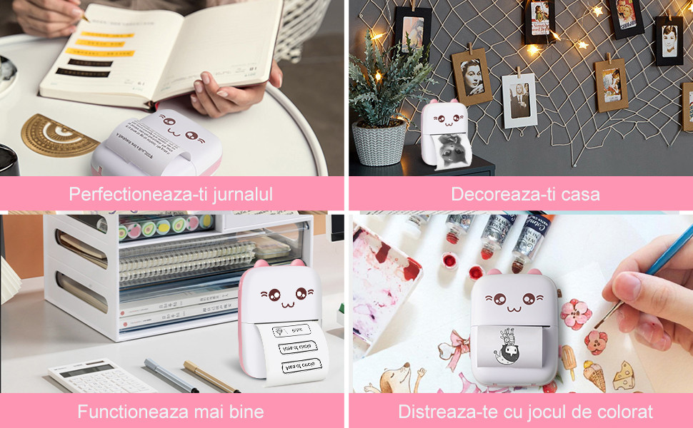 Mini imprimanta termica C9, compatibil iOS/Android, model pisicuta, turcoaz — varianta 4