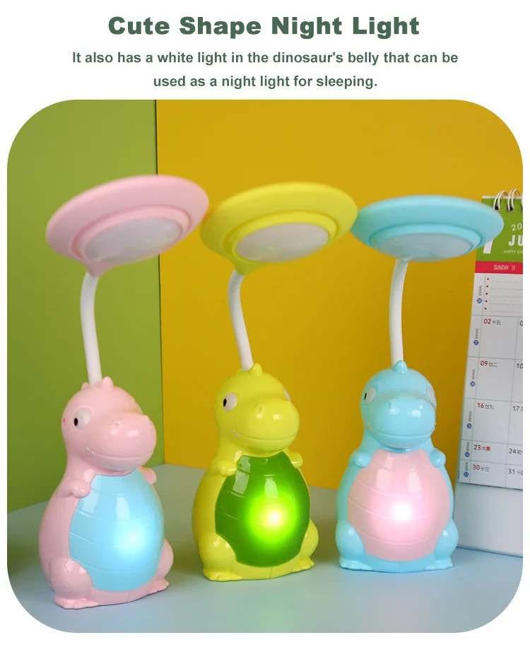 Lampa LED cu suport creioane si ascutitoare, functie lampa de veghe, dinozaur galben — varianta 2