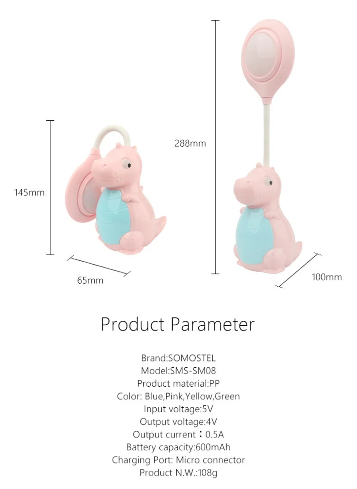 Lampa LED cu suport creioane si ascutitoare, functie lampa de veghe, dinozaur galben — varianta 9
