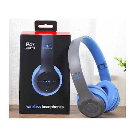 Casti audio P47, Bluetooth 5.0 + EDR, microfon, suport card MicroSD, albastru/gri — varianta 3