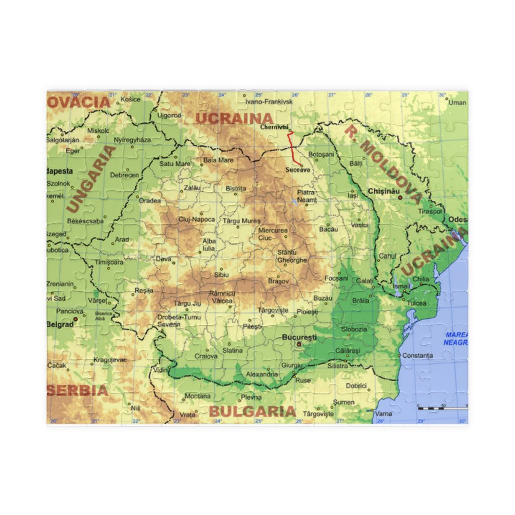 Puzzle 120 piese, 20 x 29 cm, carton alb perlat, harta Romaniei — varianta 2
