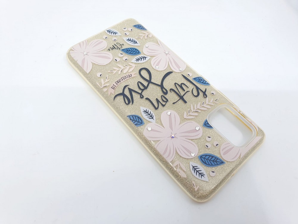 Husa Flowers Glitter pentru Samsung Galaxy S20 Ultra, cu mesaj, aurie — varianta 3