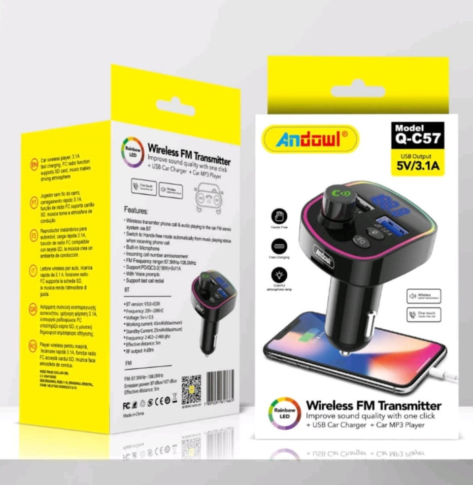 Modulator FM Bluetooth Andowl  Q-C57, 2 porturi USB + 1 port PD, 5V/3.1A, lumini RGB, ecran LED, negru — varianta 2