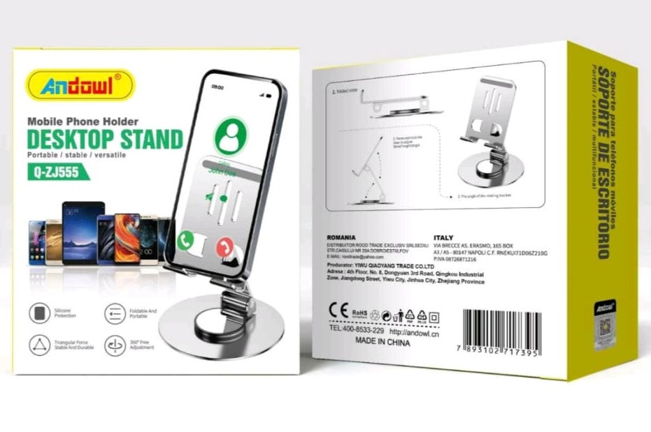 Suport birou Andowl Q-ZJ555, compatibil telefon sau tableta, universal, metalic, rotire 360 grade, argintiu — 10