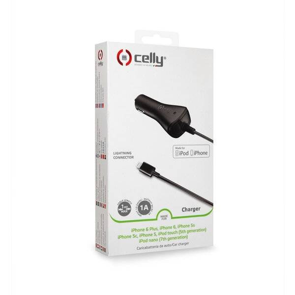 Incarcator auto Celly cu cablu Lightning, 1A, certificat MFI, negru — 2