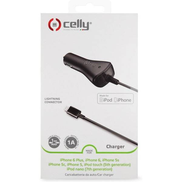 Incarcator auto Celly cu cablu Lightning, 1A, certificat MFI, negru — 3