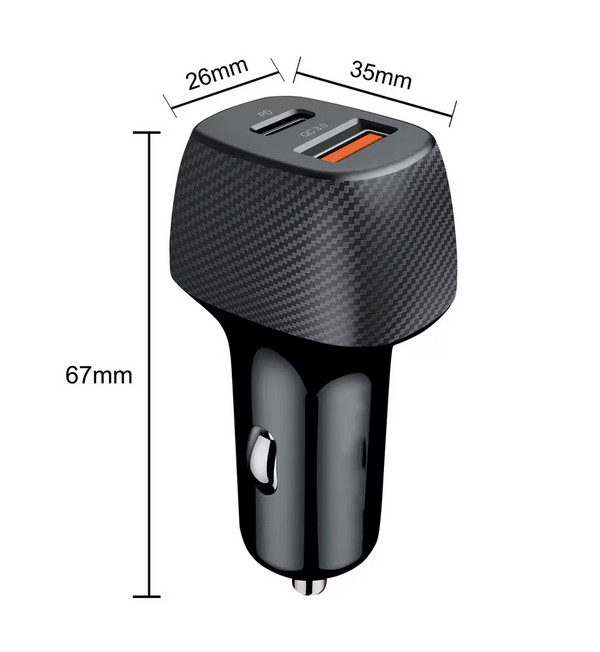 Incarcator auto cu 1 port PD/Type C si 1 port USB, maxim 3A, insertie aspect carbon, negru — varianta 2