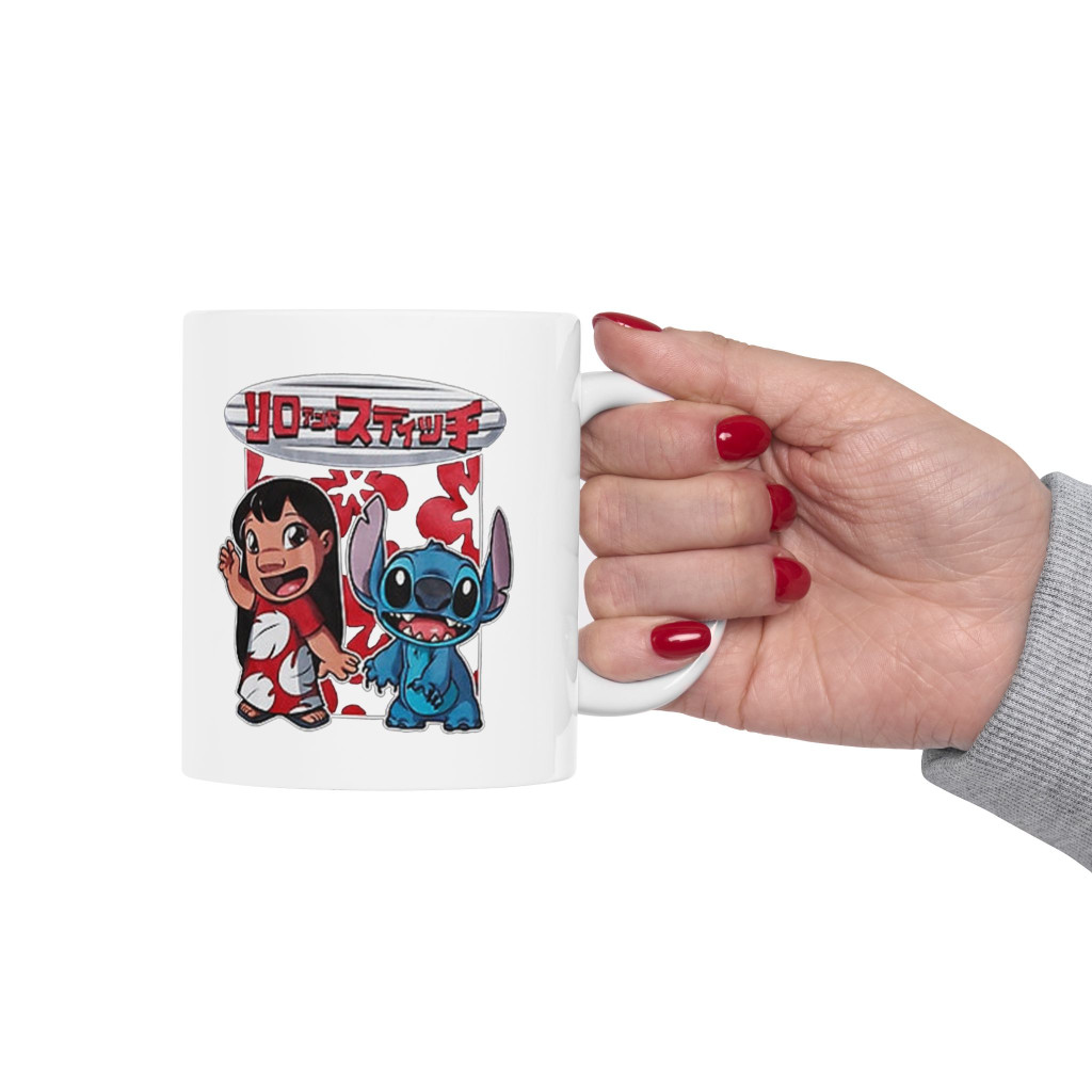 Cana ceramica personalizata, design Stitch Japan, 330 ml, alba — varianta 4