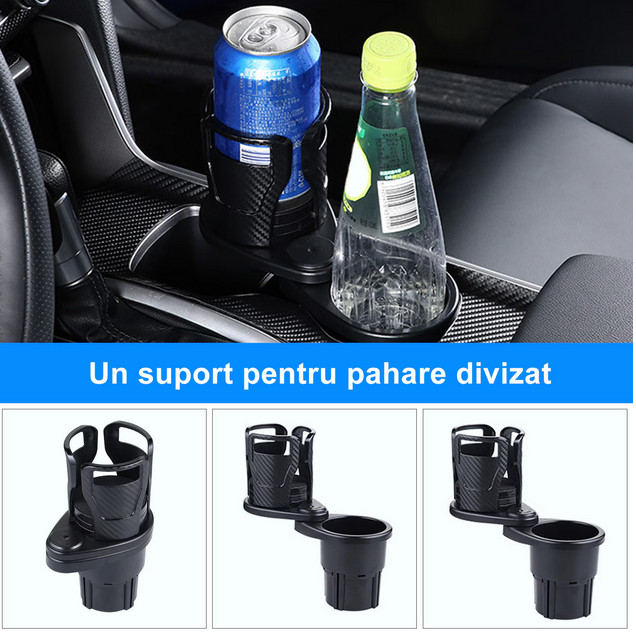 Suport pahar auto 2 in 1, multifunctional, baza rotativa, negru — varianta 3