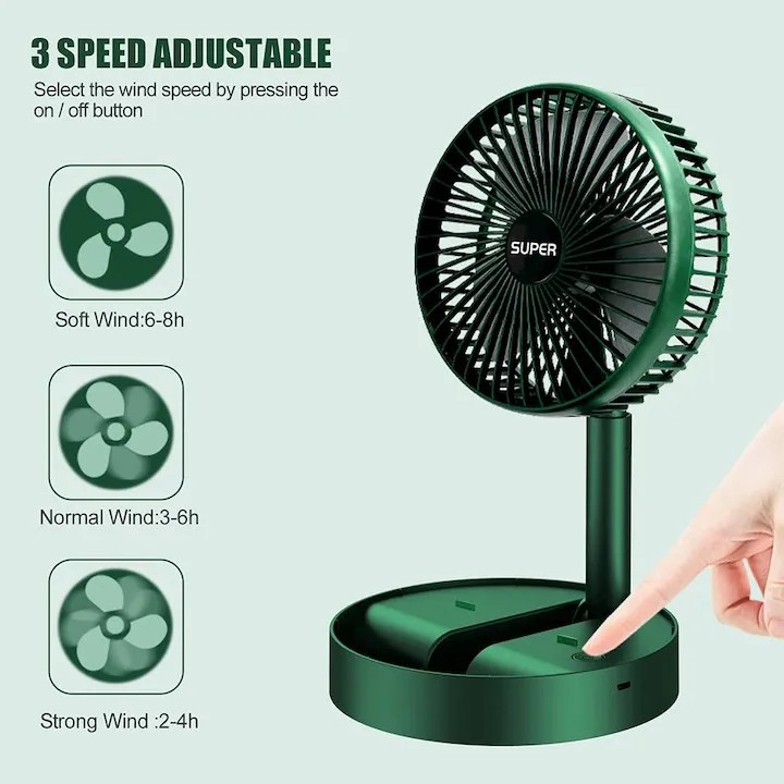 Ventilator pliabil si extensibil, acumulator, incarcare USB, functie suport telefon, verde — varianta 3