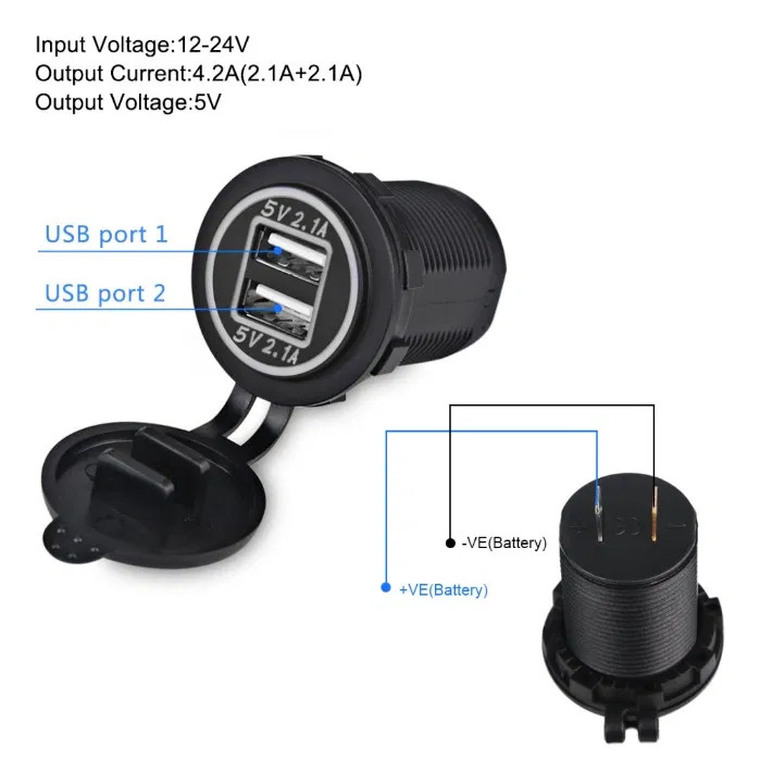 Încărcător Auto 12V/24V - 2.1A, 2 porturi USB, montaj Îngropat + Capac Protecție, pentru Mașină, Camion, Barcă — 4