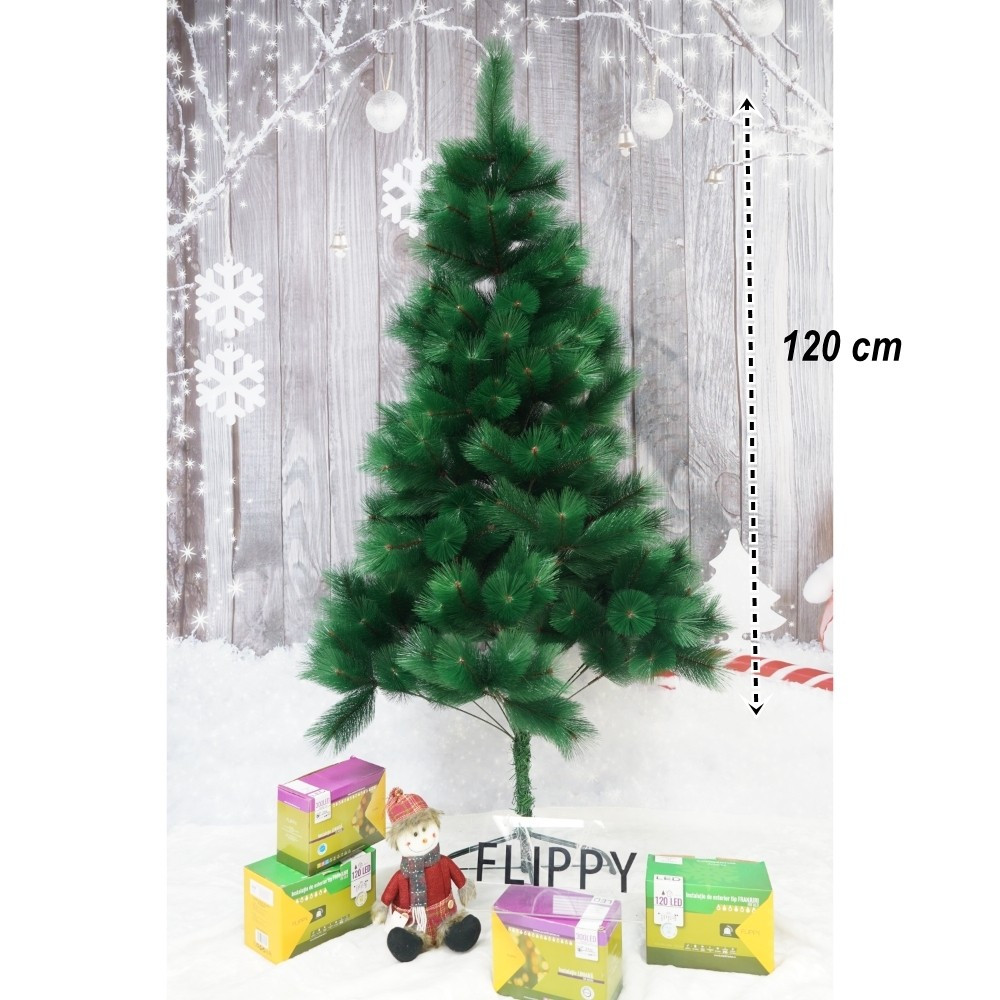 Brad artificial de Craciun tip pin, clasic, inaltime 120 cm, pentru interior/exterior, verde, suport de plastic inclus — varianta 2